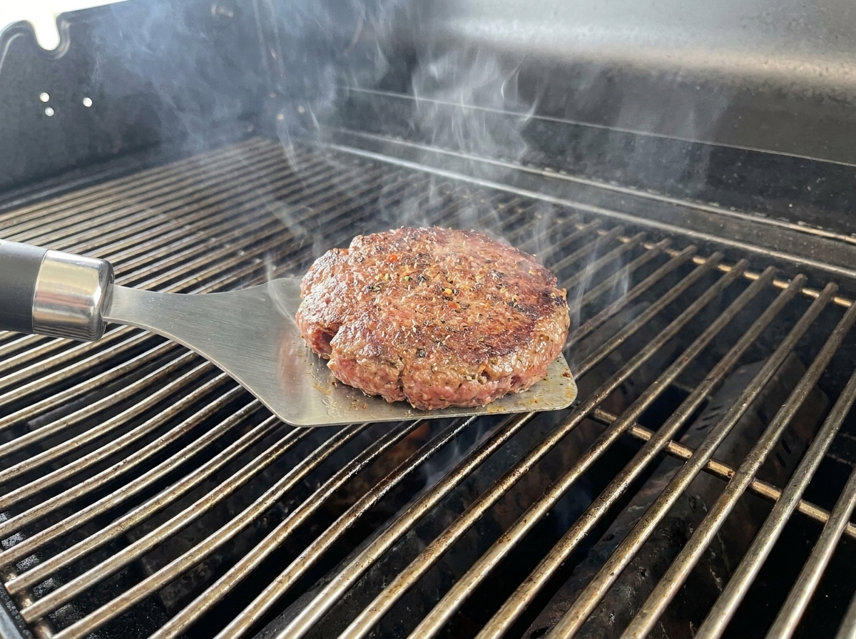 Un steak de bœuf épais et doré retourné sur le gril.