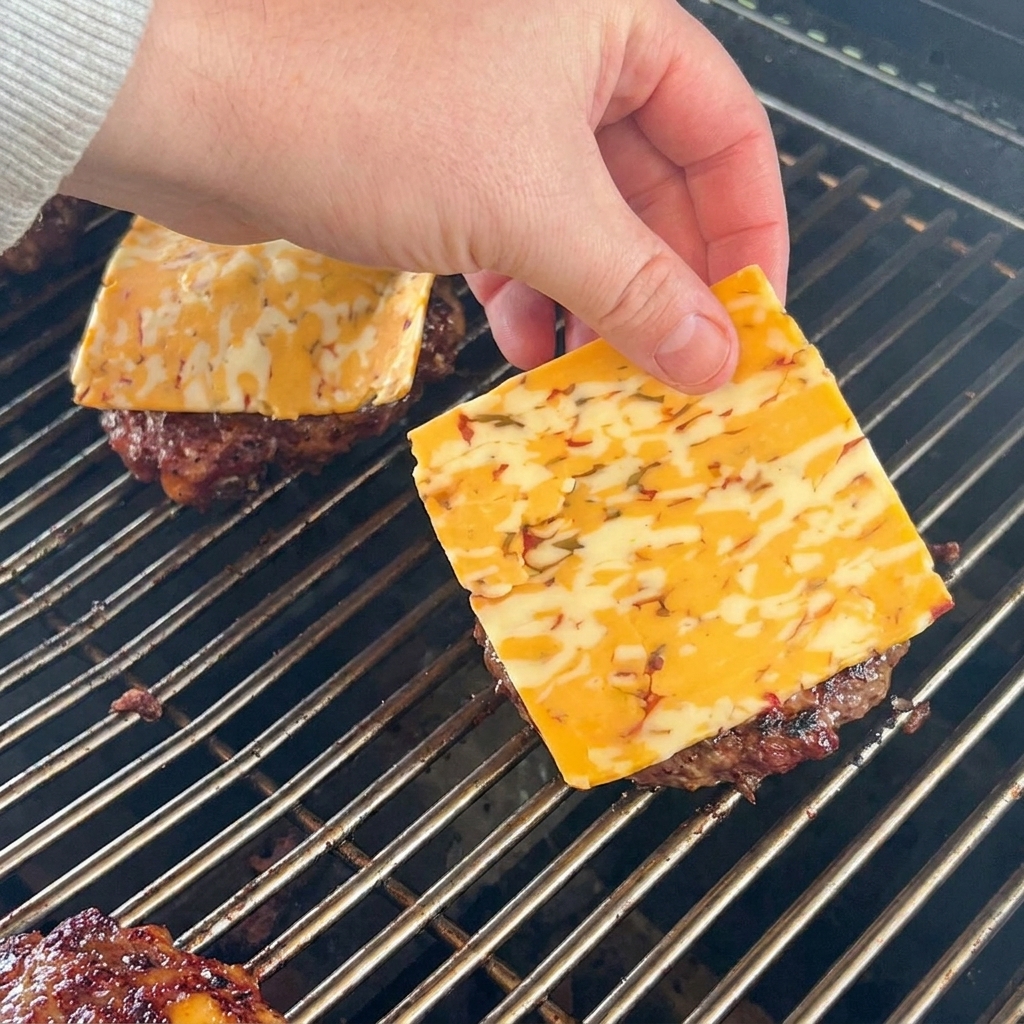Une tranche de cheddar marbré placée sur un steak de bœuf chaud en cours de cuisson.