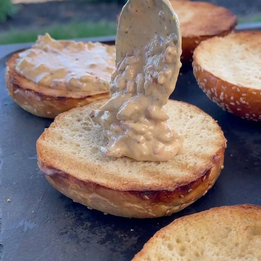 Sauce crémeuse au bacon étalée sur un pain à burger toasté.