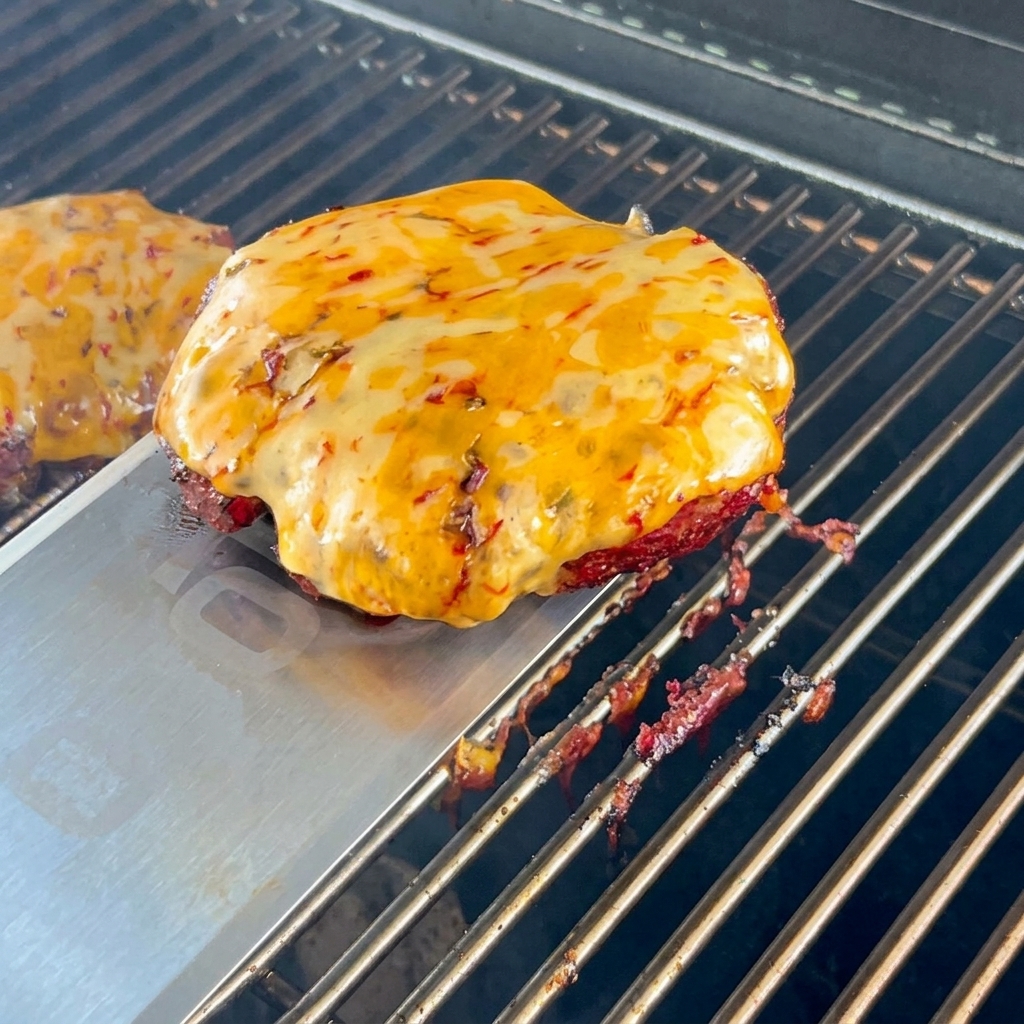 Un steak de bœuf cuit avec son fromage fondu placé sur un pain.
