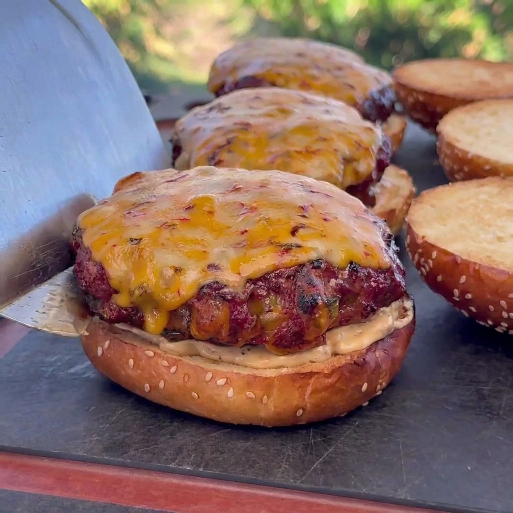 Une cuillerée supplémentaire de sauce ajoutée sur le dessus du burger garni de fromage.