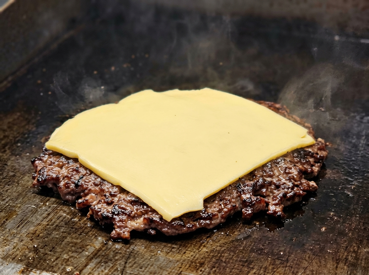 Une tranche de fromage jaune commençant à fondre sur un steak de bœuf brun et croustillant.