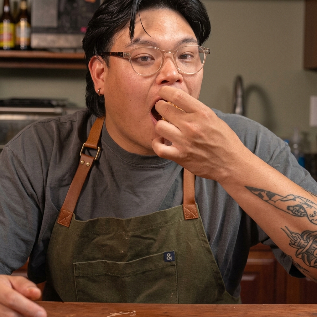 Une spatule en métal pressant un palet de bœuf pour laplatir dans la poêle.