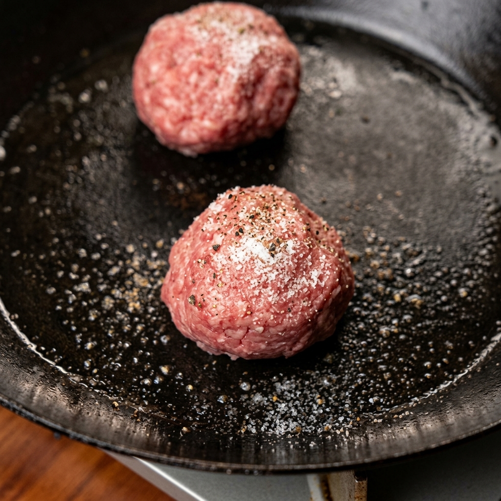 Pains à burger en train de dorer dans une poêle.
