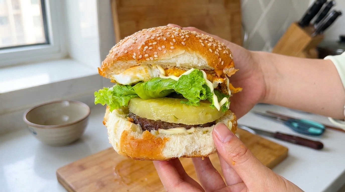 Un burger maison imposant avec un steak juteux, de lananas grillé, de la laitue fraîche et un œuf au plat.