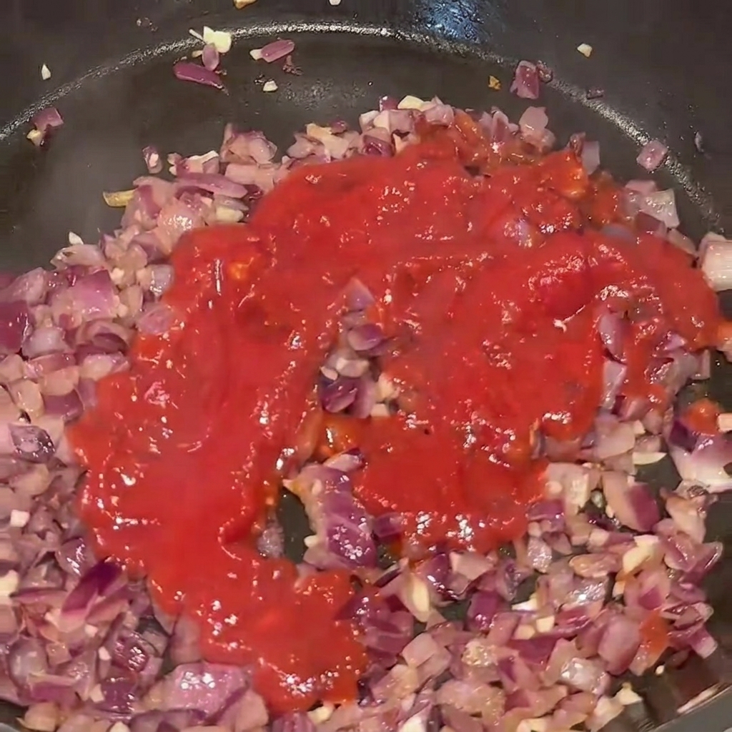 Purée de tomates versée dans une poêle contenant les oignons et lail cuits.