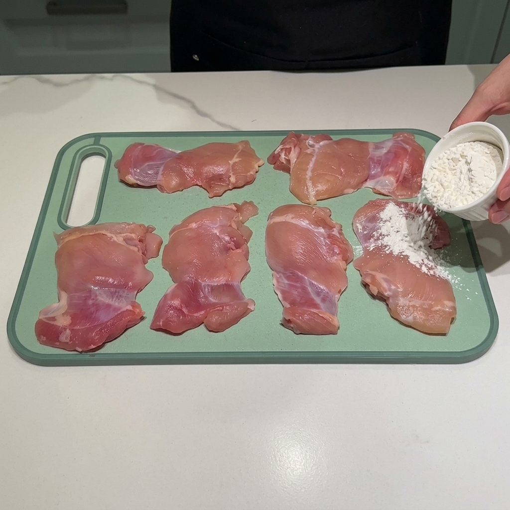 Blancs ou hauts de cuisse de poulet uniformément recouverts dune fine couche de farine sur une planche à découper.