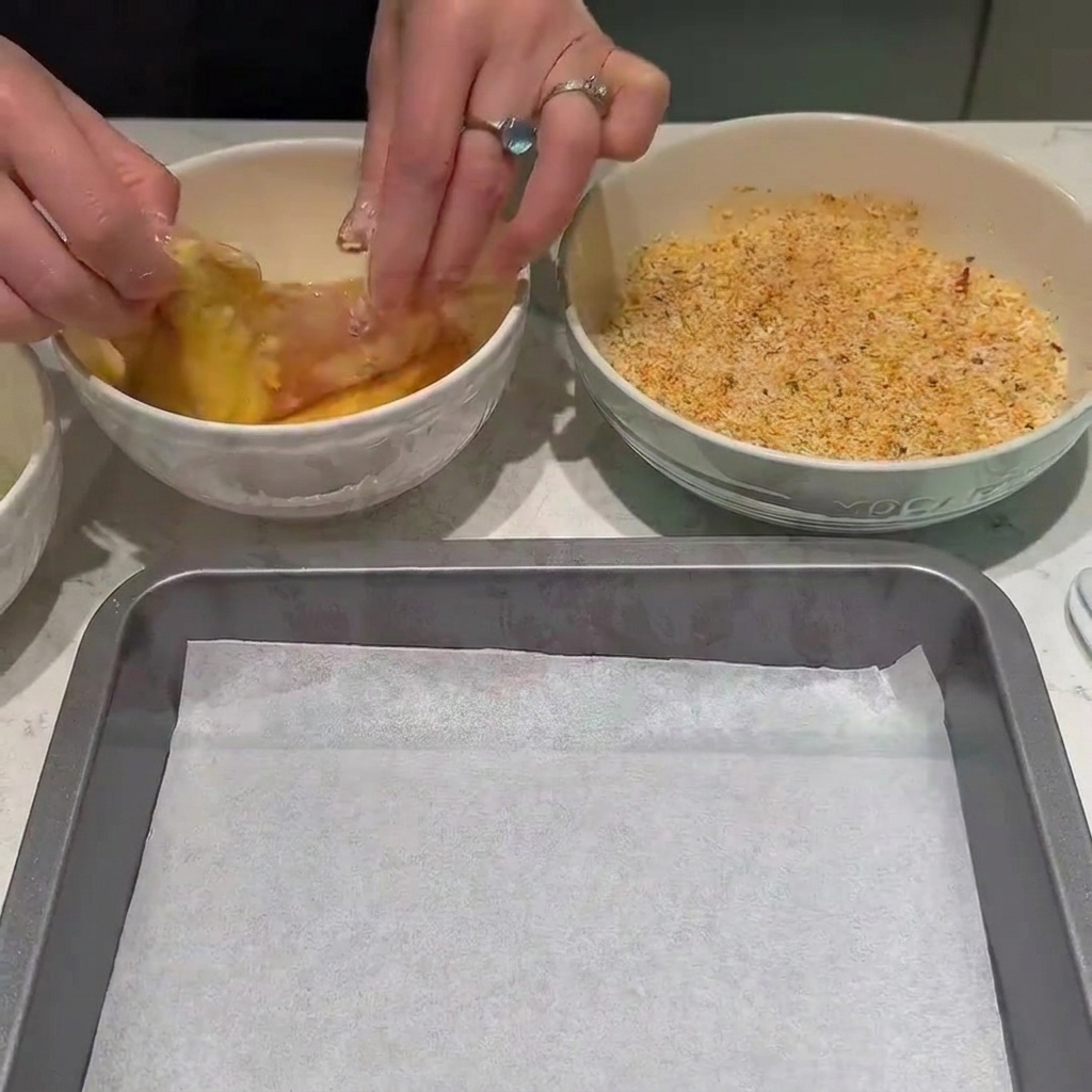 Morceaux de poulet trempés dans un bol dœuf battu puis pressés dans un bol de chapelure assaisonnée.