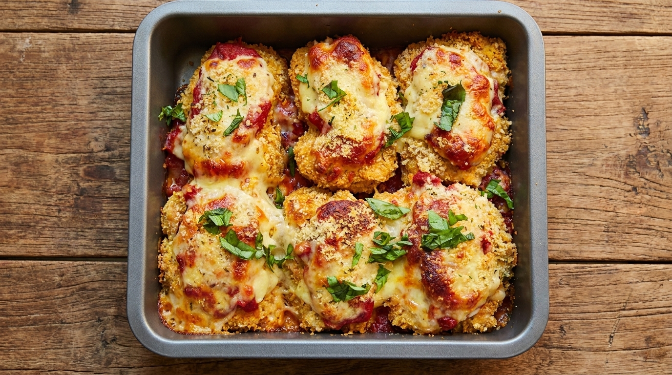 Poulet pané doré au Parmesan, nappé de sauce tomate, de fromage fondu et de basilic frais.