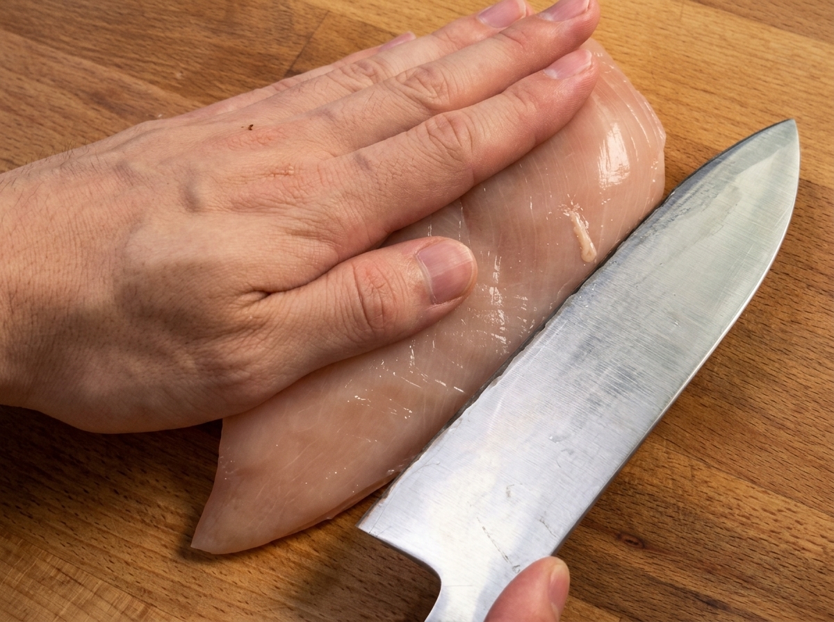 Une main tenant un couteau de chef prête à trancher un blanc de poulet cru horizontalement sur une planche en bois.