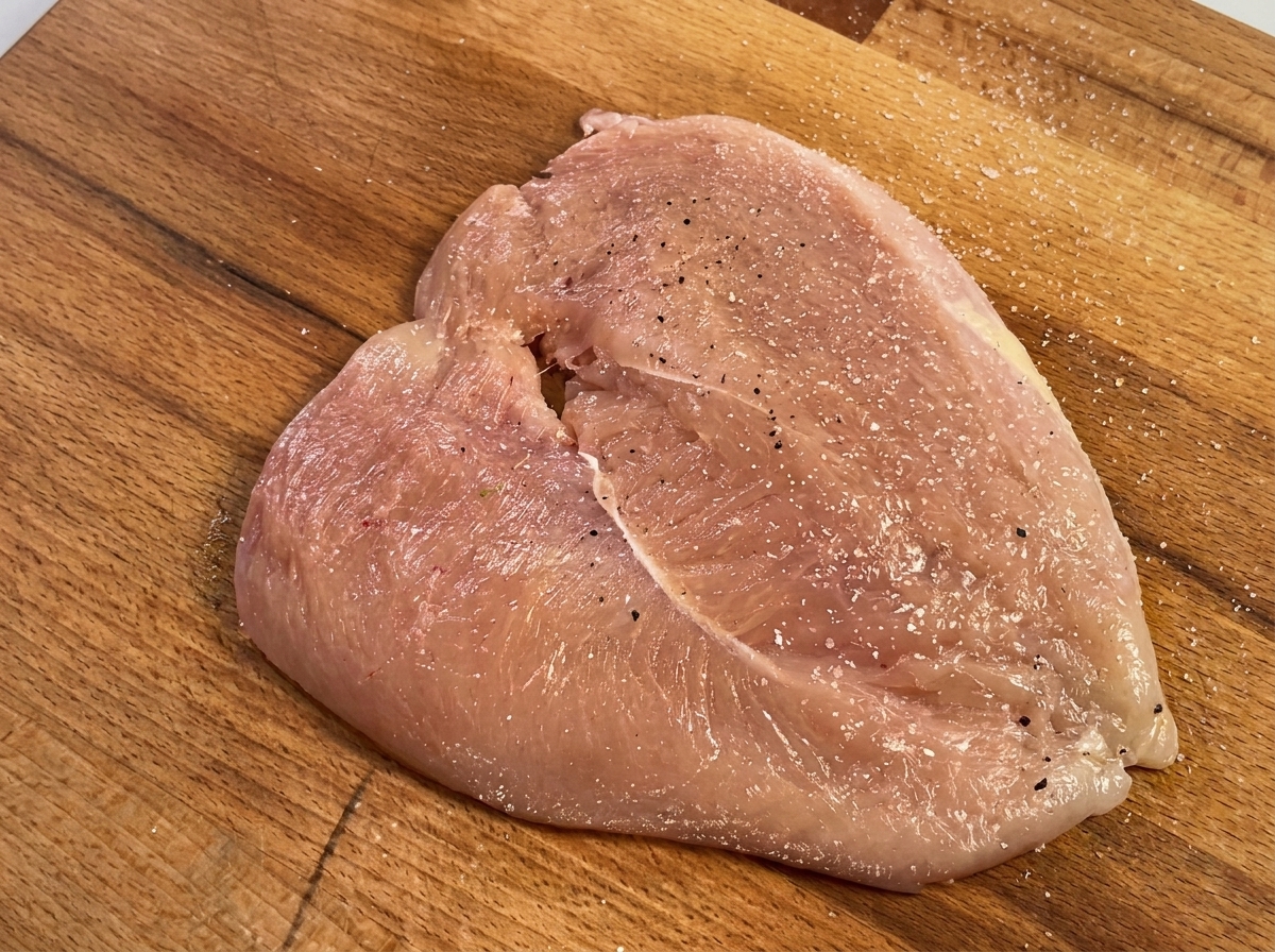 Poivre noir fraîchement moulu et sel saupoudrés sur un blanc de poulet cru sur une surface en bois.