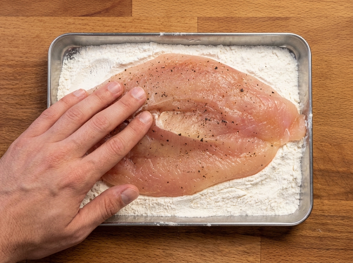 Un blanc de poulet pressé dans un plateau de farine assaisonnée.