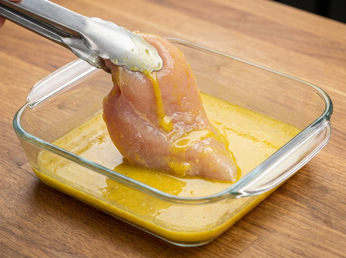 Un blanc de poulet soulevé avec une pince dun plat contenant des œufs battus.