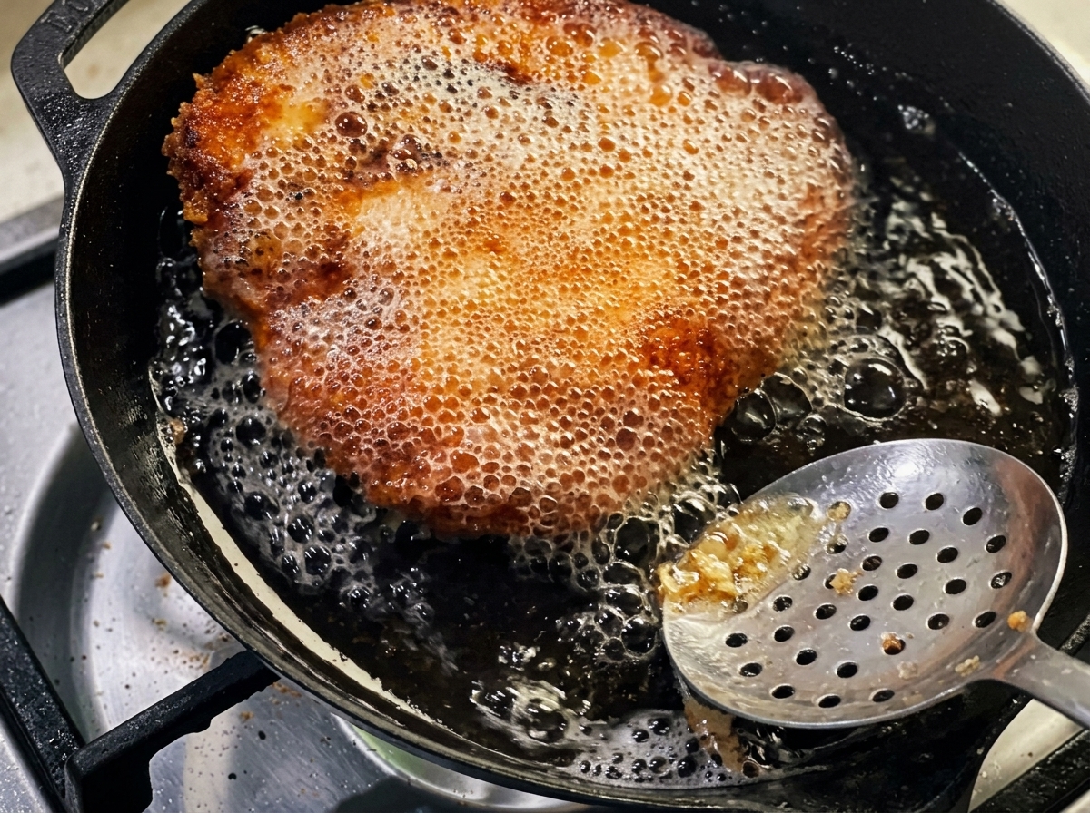 Une cuillère versant de lhuile chaude sur le blanc de poulet qui dore dans la poêle.