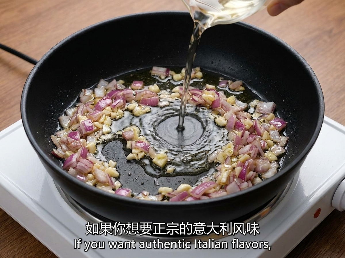 Bouillon de volaille versé depuis un verre mesureur dans une poêle contenant lail et loignon sautés.