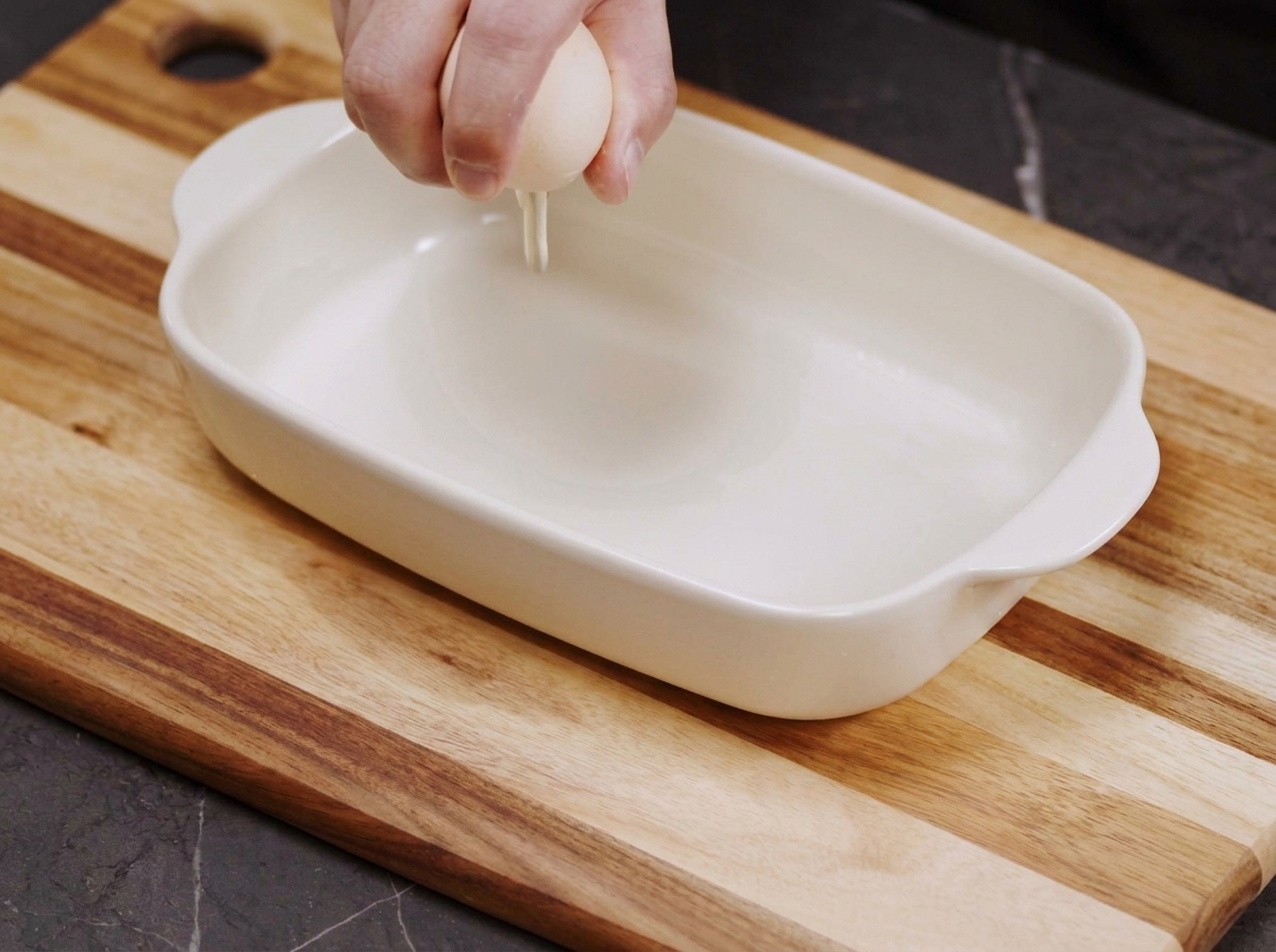 Main cassant un œuf dans un plat en céramique blanc pour le battre.