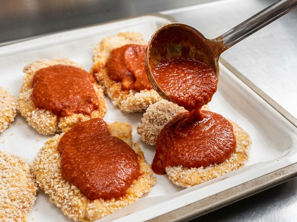 Sauce tomate versée à la louche sur des escalopes de poulet disposées sur une plaque de cuisson.