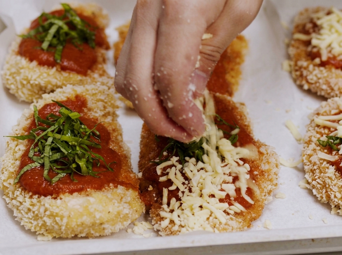 Main parsemant de la mozzarella râpée et du basilic frais sur les escalopes.