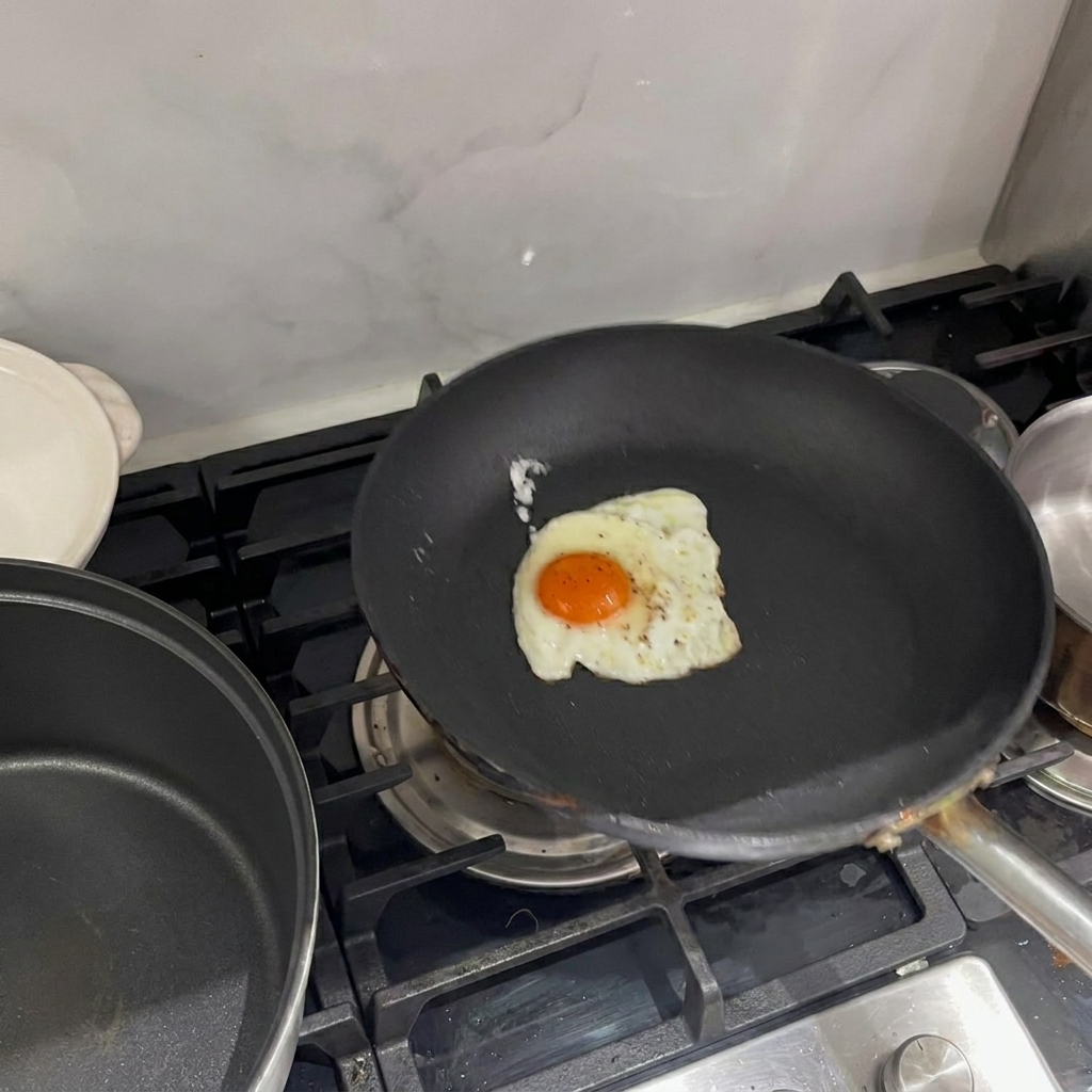 Un œuf au plat fraîchement cuit dans une poêle.