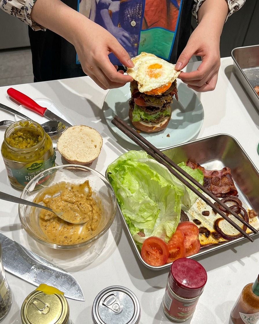Un œuf au plat fraîchement cuit déposé sur le burger.