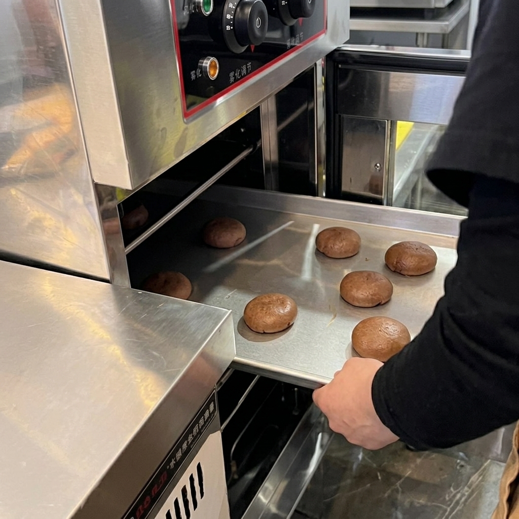 Plaque de cuisson avec les pains à burger façonnés prêts à entrer dans une étuve industrielle.
