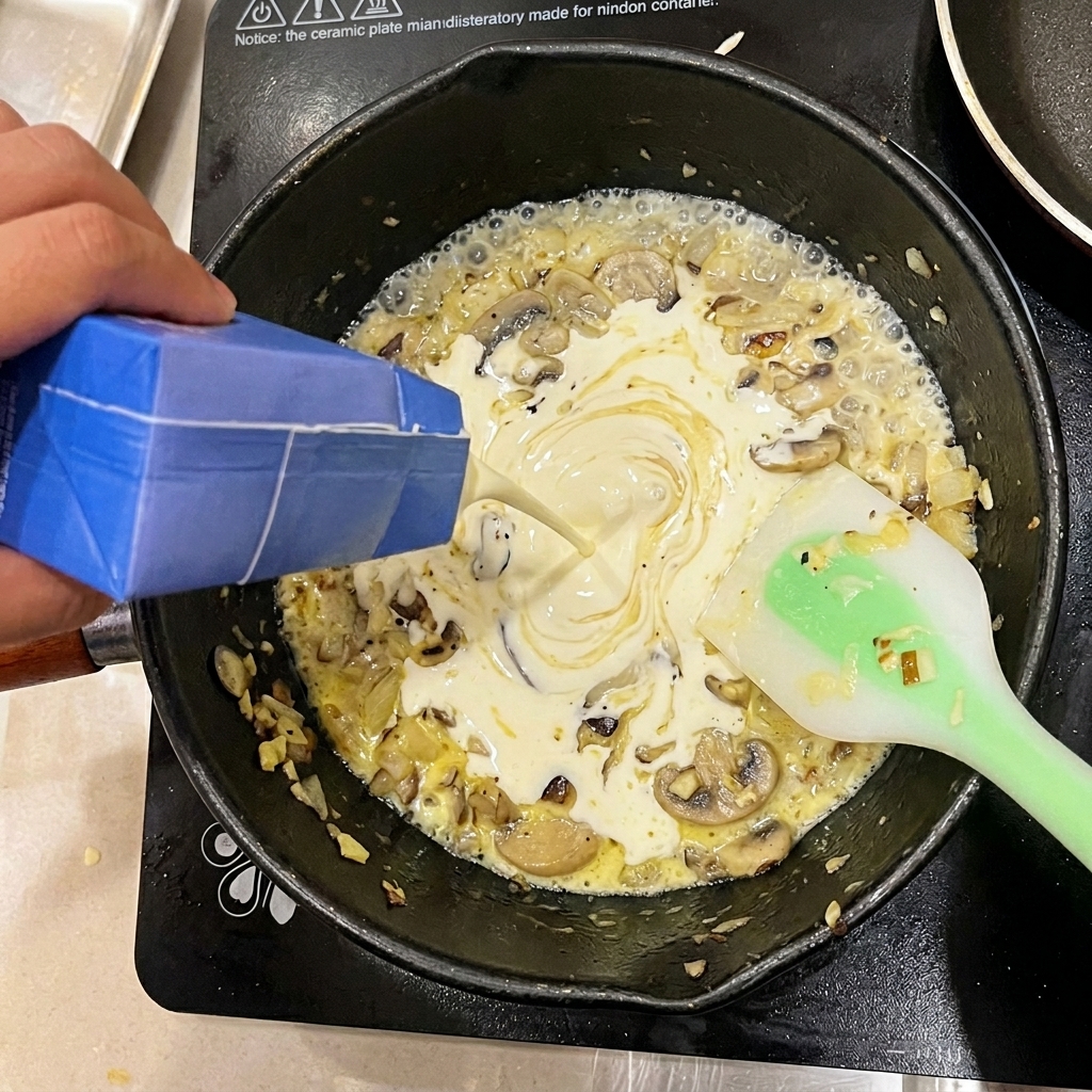 Crème liquide versée dans une poêle avec les champignons et oignons sautés.