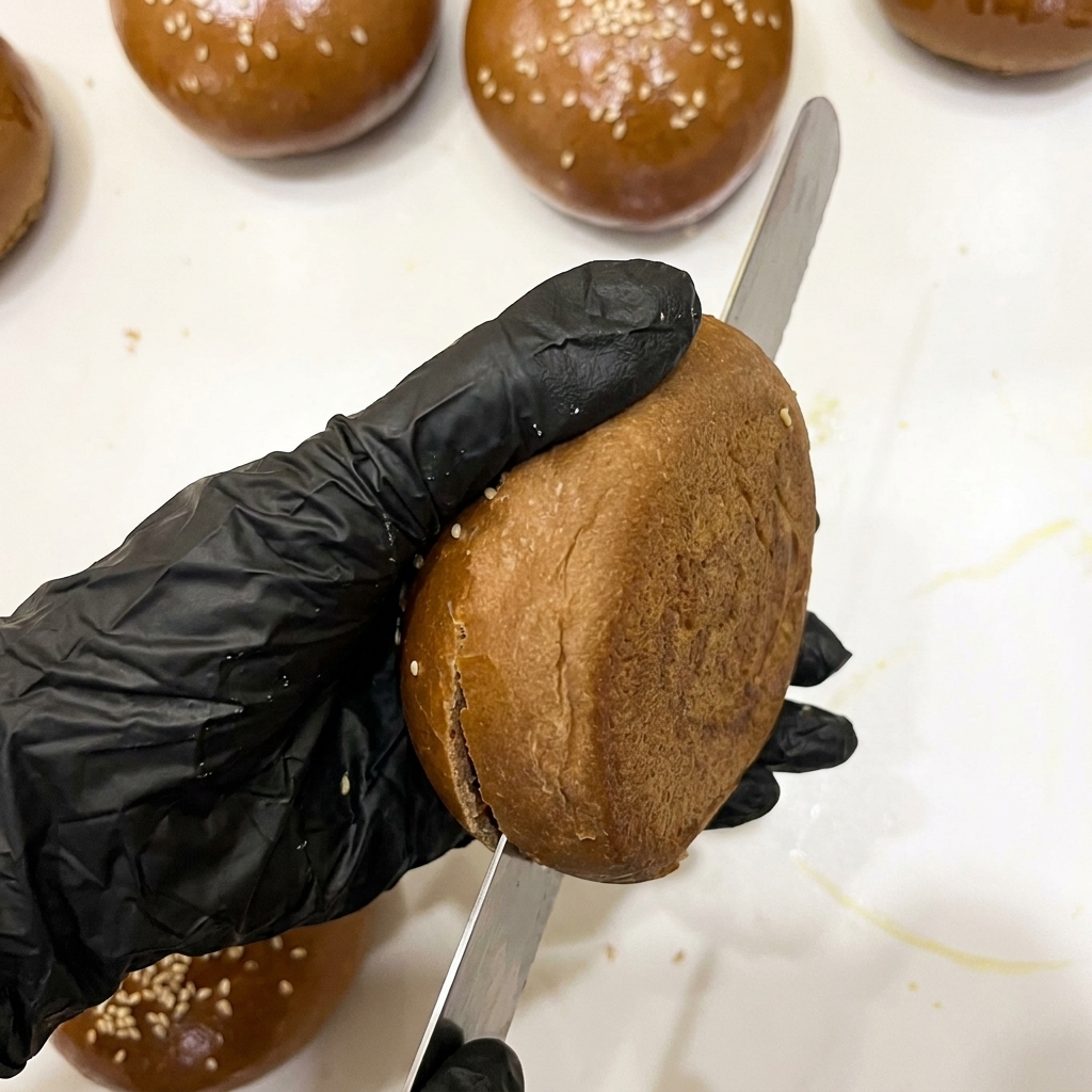Pain burger au cacao fraîchement cuit étant coupé en deux avec un couteau à pain.