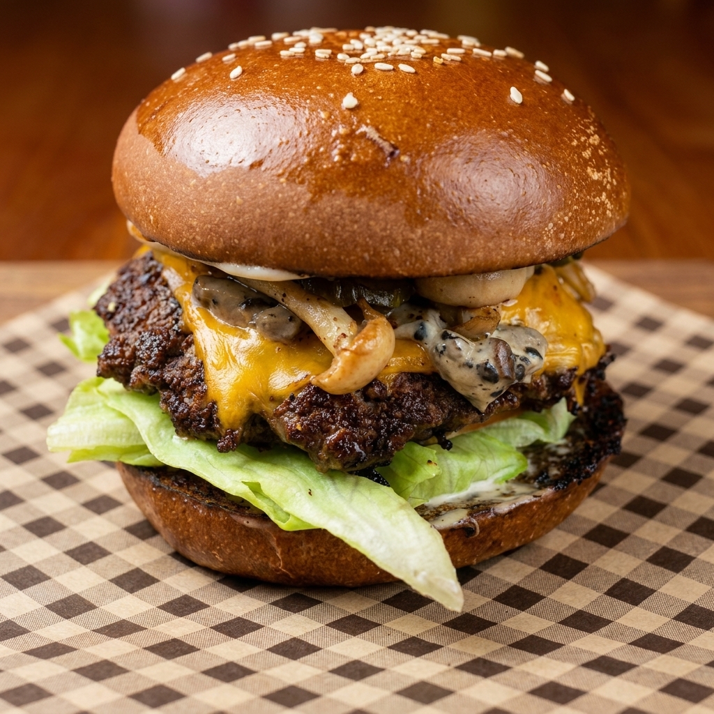 Un burger à la crème de truffe et champignons entièrement assemblé montrant les couches de laitue, tomate, bœuf au fromage et champignons.