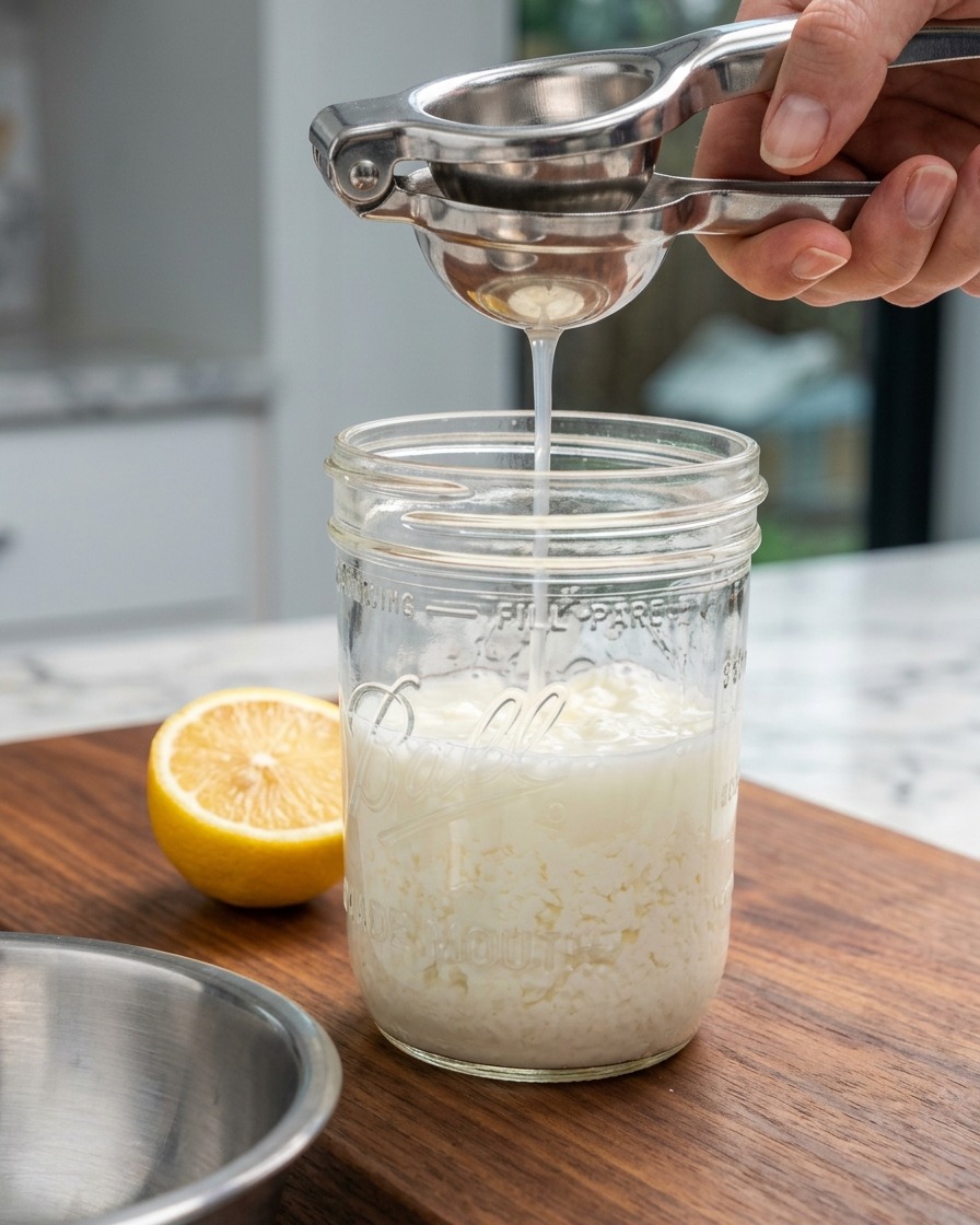 Jus de citron pressé dans un bocal en verre contenant du lait écrémé.