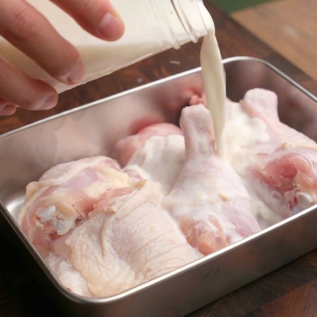 Marinade au lait versée sur des cuisses de poulet crues dans un plateau en métal.
