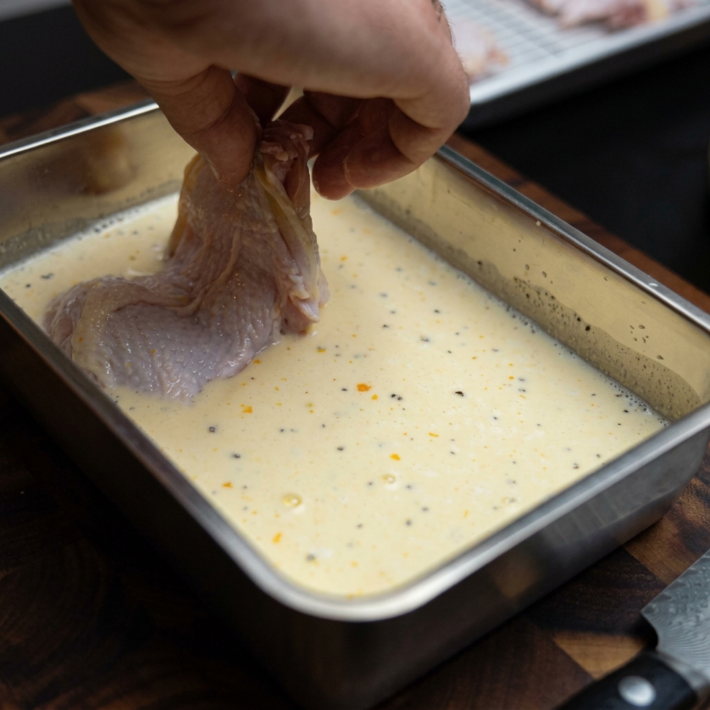 Morceaux de cuisses de poulet désossées immergés dans une marinade crémeuse au lait et aux œufs dans un plateau métallique.