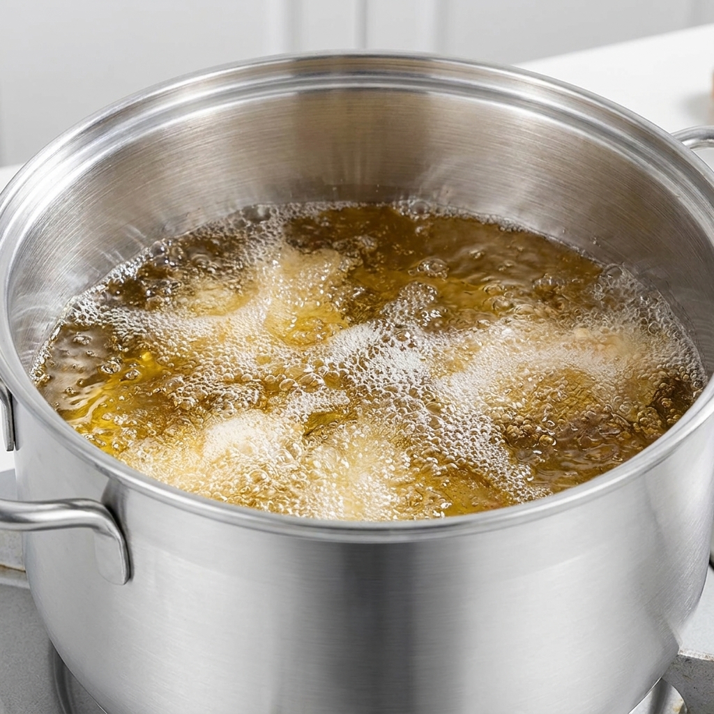 Cuisses de poulet panées en train de frire dans lhuile chaude, créant une croûte dorée et bouillonnante.