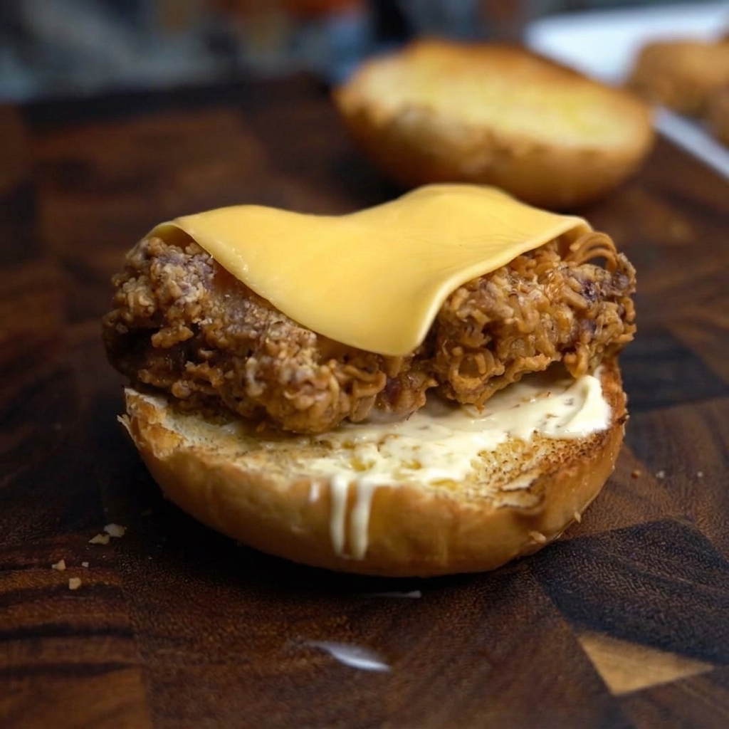 Gros plan dune tranche de fromage fondue sur un filet de poulet frit à laide dun chalumeau de cuisine.