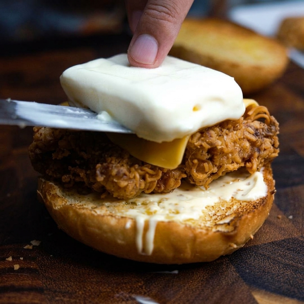 Un bloc de glace déposé sur le poulet frit au fromage et arrosé de miel.