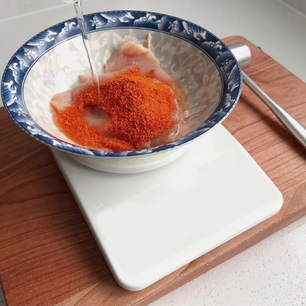 De leau claire versée dans un bol avec du blanc de poulet cru assaisonné.