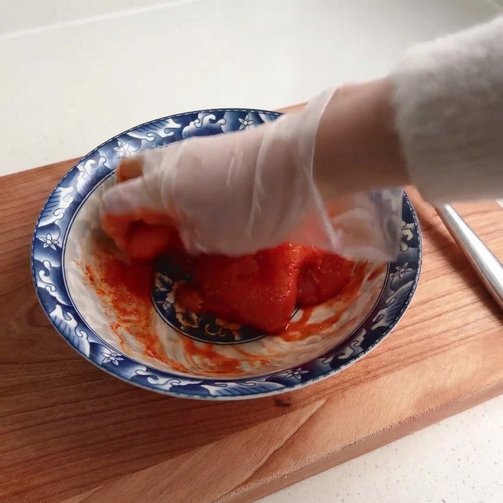 Une main gantée mélange la marinade rouge dans le poulet cru dans un bol.