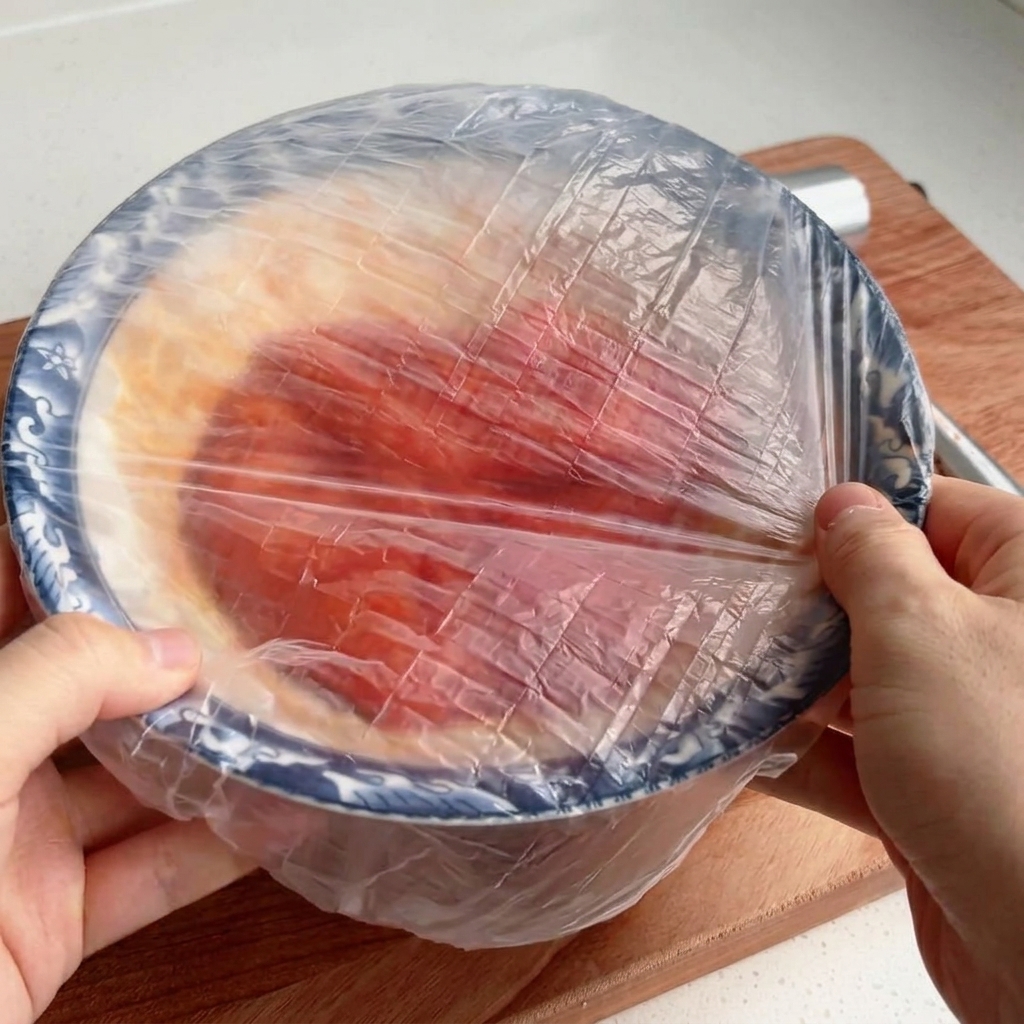 Un bol de poulet mariné scellé avec du film plastique transparent.