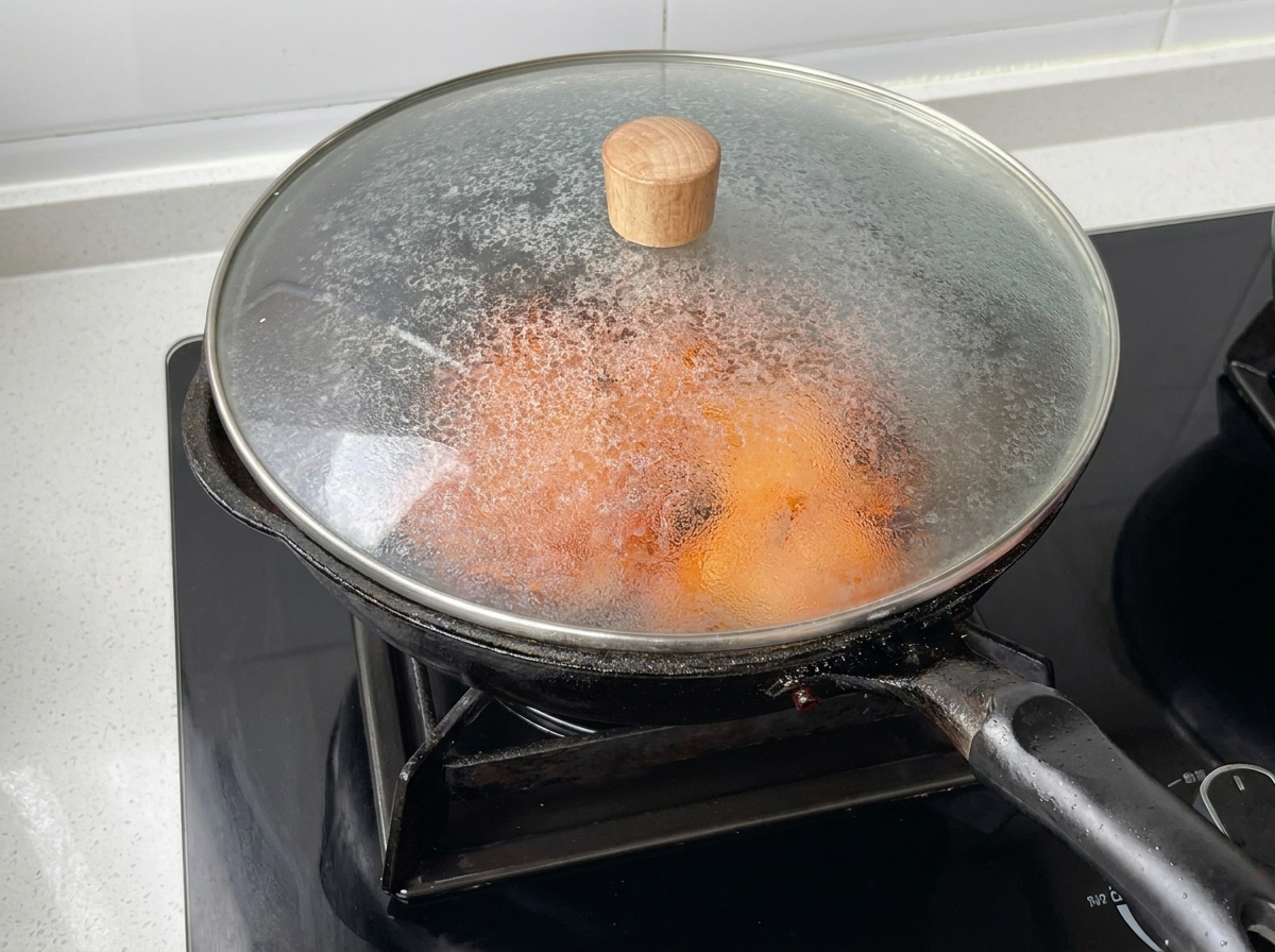 Une poêle couverte dun couvercle en verre, contenant le poulet qui mijote.