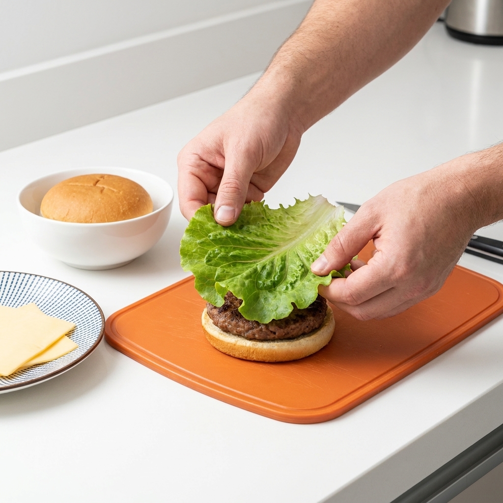 Une feuille de laitue verte fraîche placée sur une moitié de pain à burger toasté.