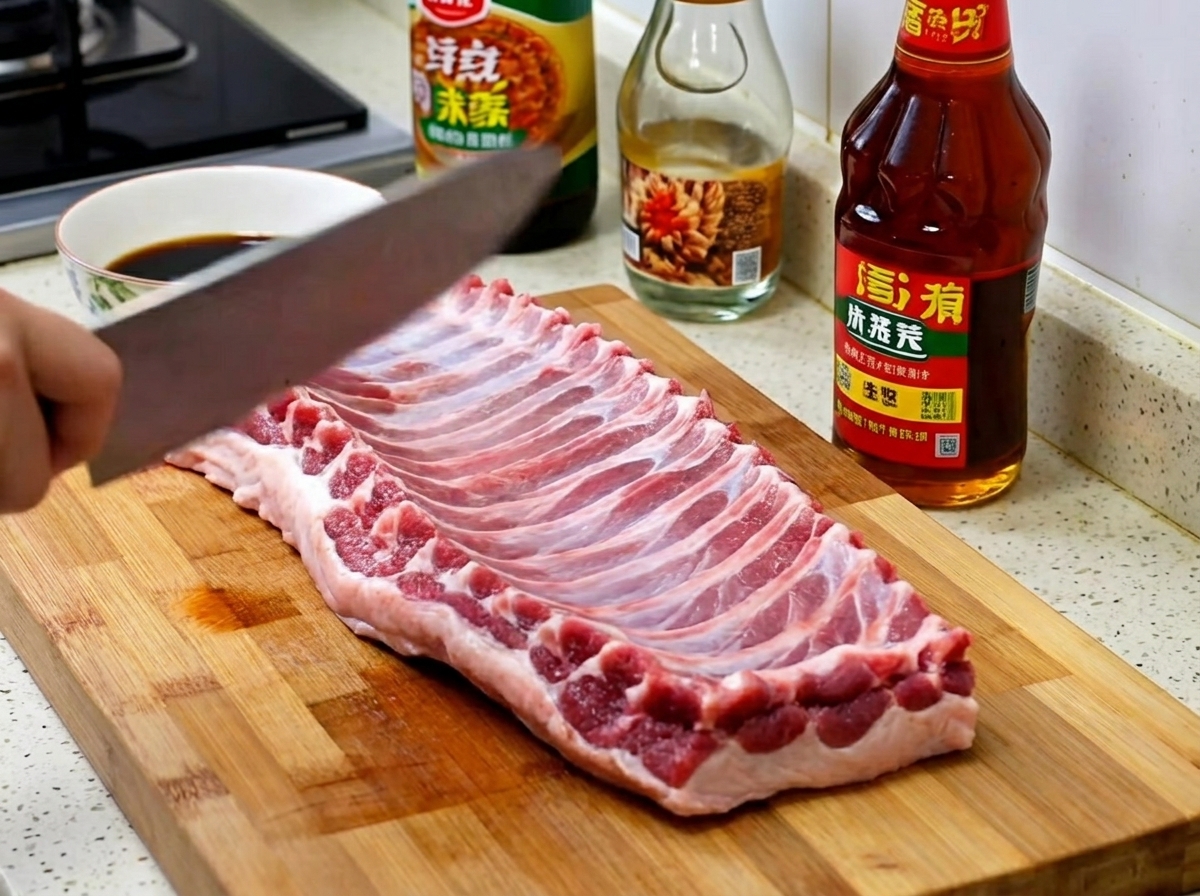 Travers de porc dans un saladier en inox avec des bouteilles de sauce.