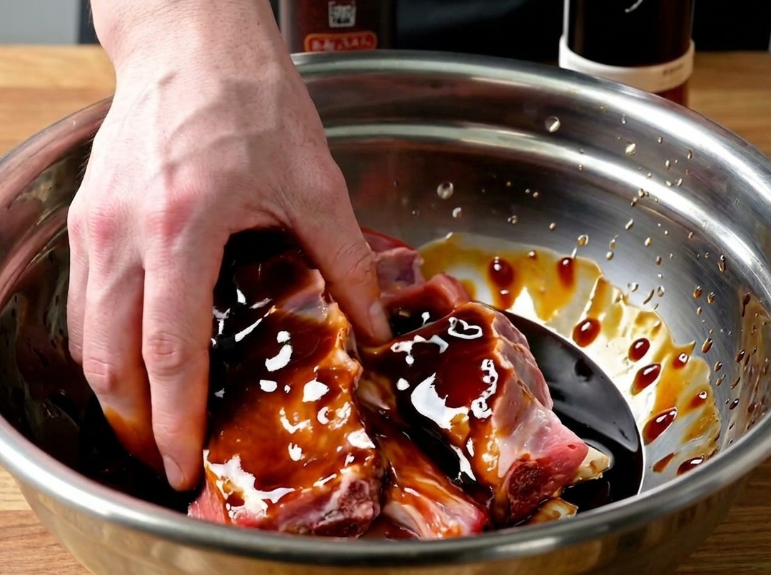 Gros plan sur des mains massant la marinade sur les ribs crus.