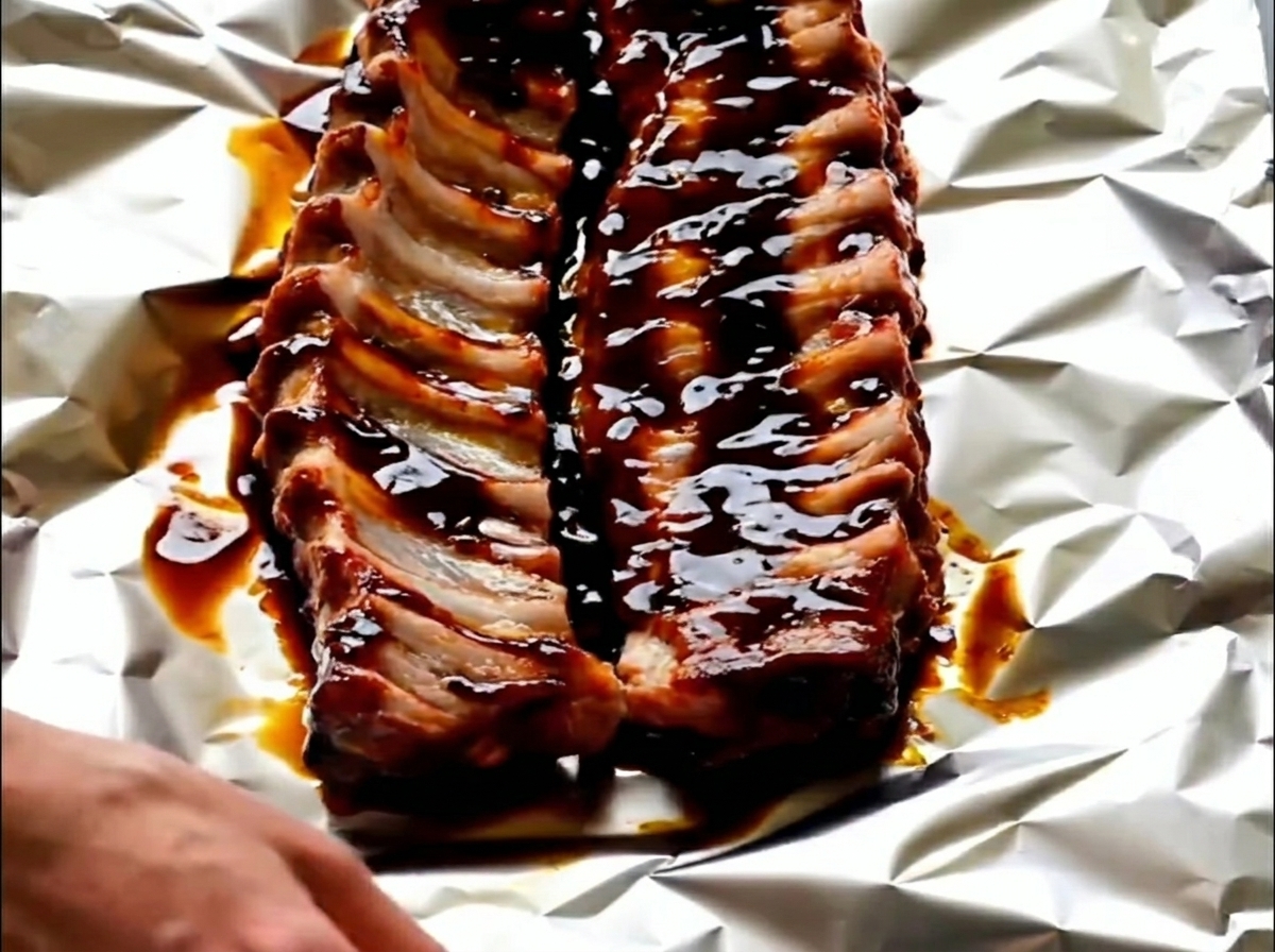Travers de porc marinés déposés sur une grande feuille daluminium.