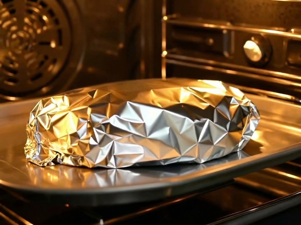 Papillote de ribs sur une plaque de cuisson prête pour le four.