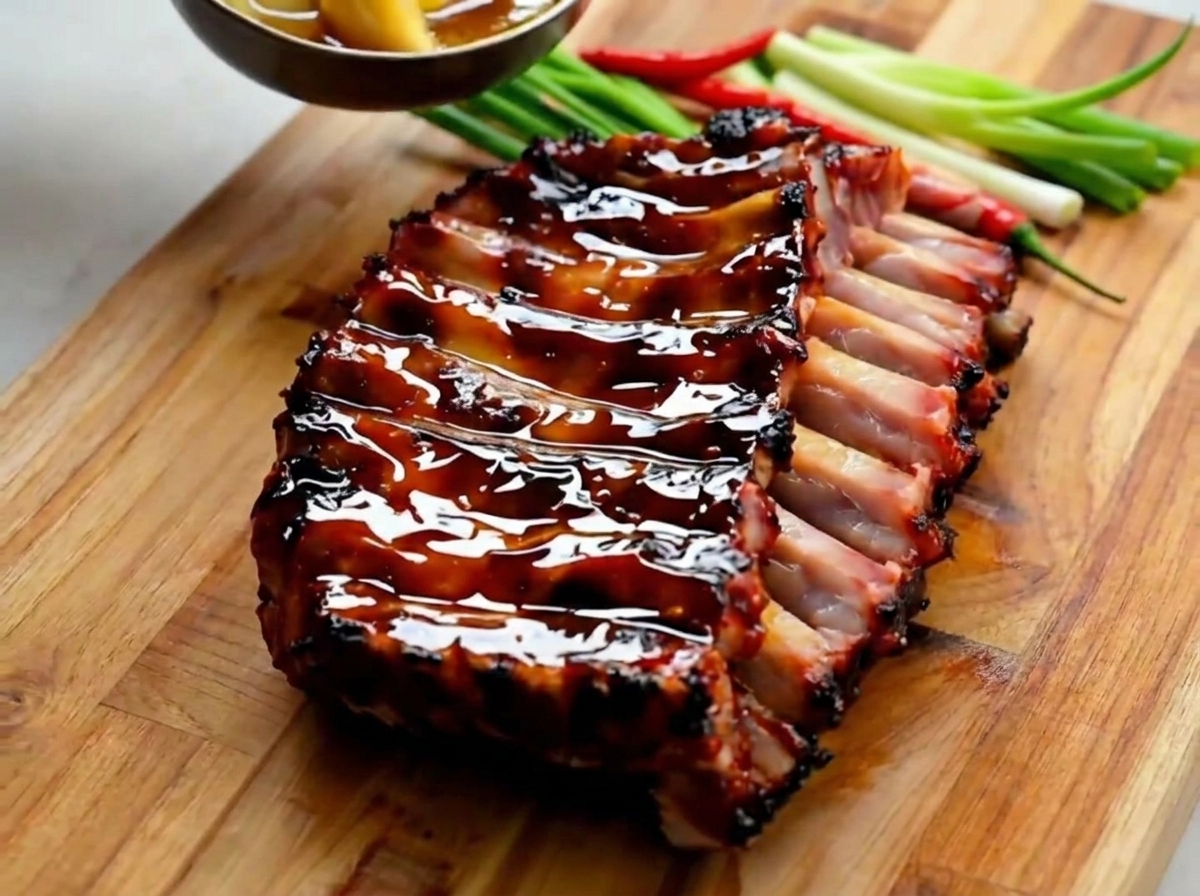 Pinceau appliquant une sauce sombre et riche sur la viande.