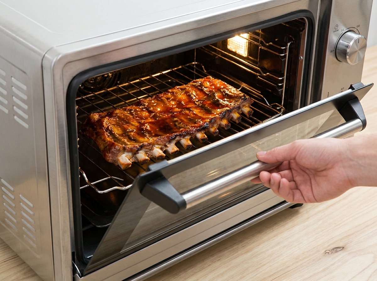 Ribs glacés replacés au four pour la caramélisation.