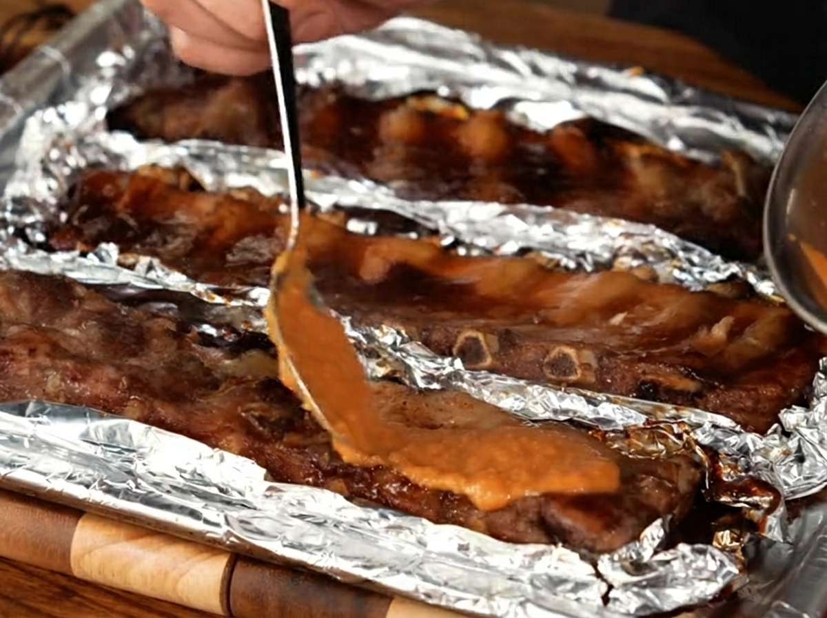 Un pinceau à pâtisserie appliquant une sauce épaisse et lisse sur des travers de porc rôtis disposés sur une plaque de cuisson recouverte de papier aluminium.