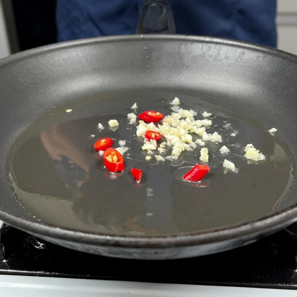 Une poêle contenant de lhuile chaude où rissolent de lail haché, de loignon rouge et des piments.