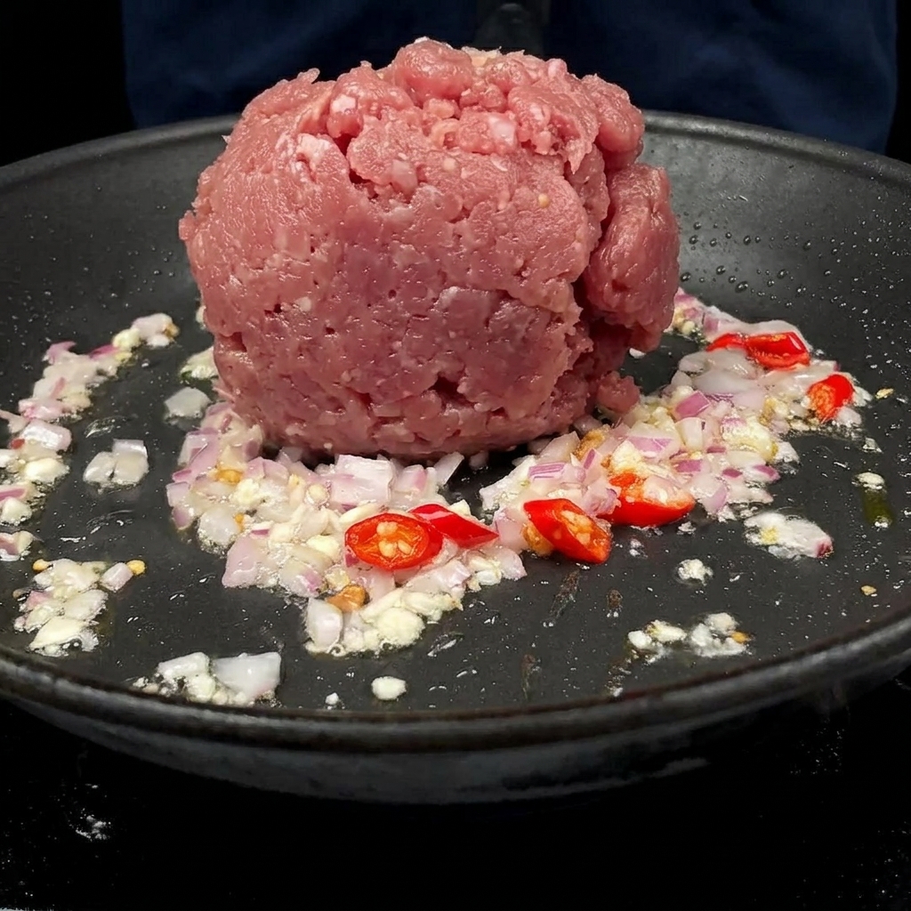 Du porc haché ajouté dans une poêle contenant de lail, du piment et de loignon revenus.