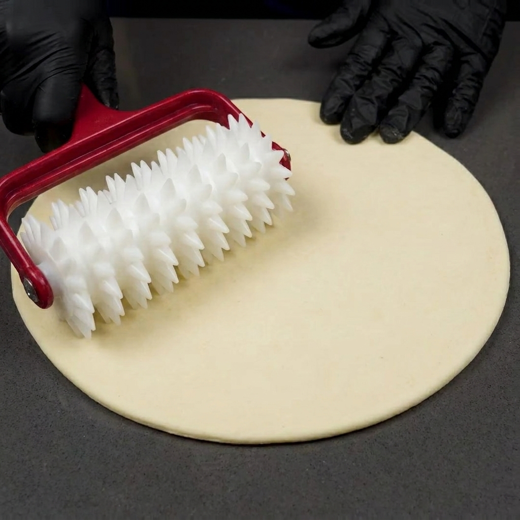 Un rouleau pique-vite utilisé pour percer des trous dans la pâte à pizza circulaire.