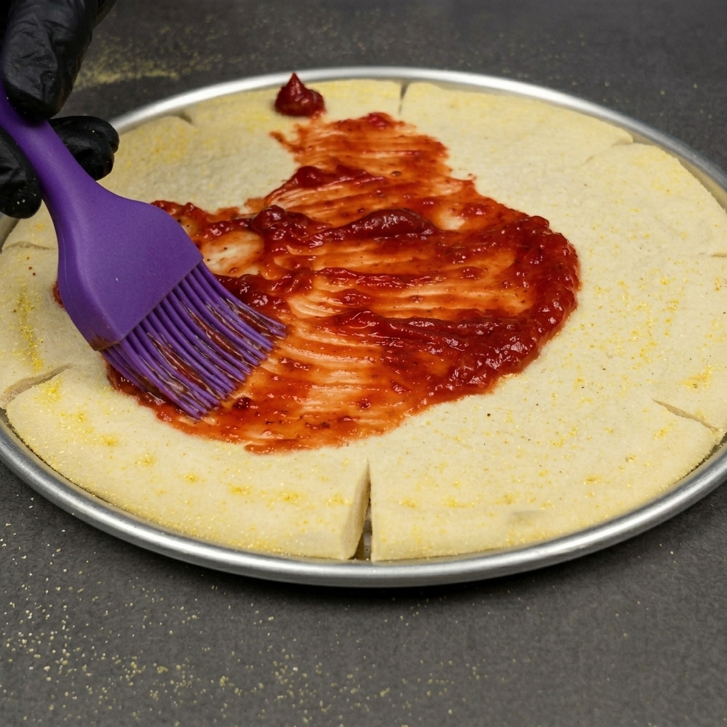 Un pinceau en silicone étalant une sauce à pizza dun rouge vif au centre dune pâte à pizza, dans une plaque en métal.